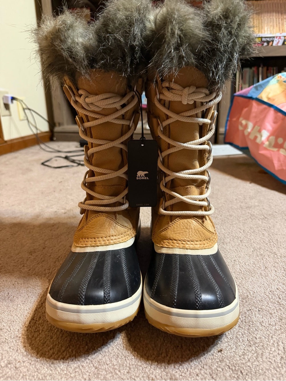 Sorel Women's Tan and Black Winter Lace-Up Boots with Faux Fur Cuff